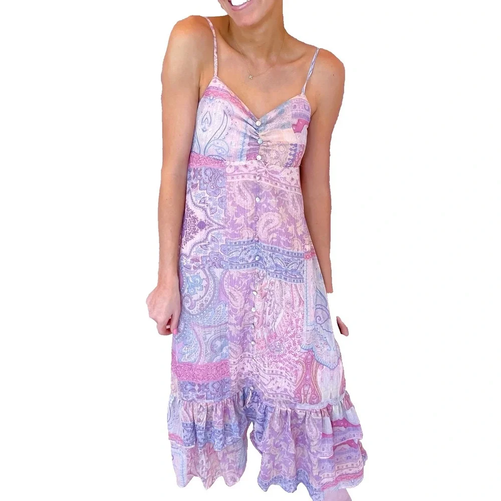 ZARA Women's Small Pink Purple Sleeveless Floral Boho Ruffle Maxi Dress